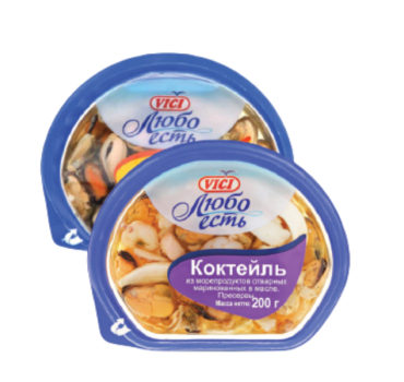 „ვიჩი“ მიდია დამარინადებული ზეთში/ზღვის პროდუქტების კოქტეილი 200 გ 
